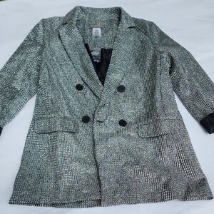 Sans Souci Silver and Black Blazer Relaxed Fit Women's Sz Small Sparkly Clubwear